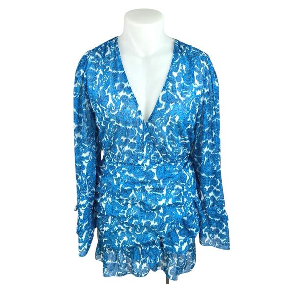 In The Style Blue Paisley Long Sleeve Ruffle Tiered Mini Fit & Flare Dress Sz 20 - Picture 1 of 6
